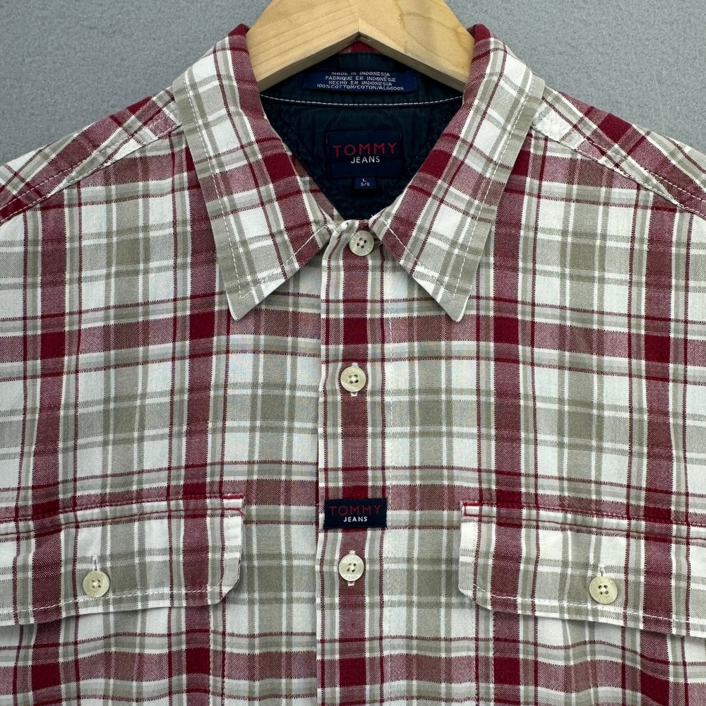 2000 Tommy Jeans Hilfiger Plaid Shirt Short Sleeve Button Up Shirt SZ L VTG Y2K